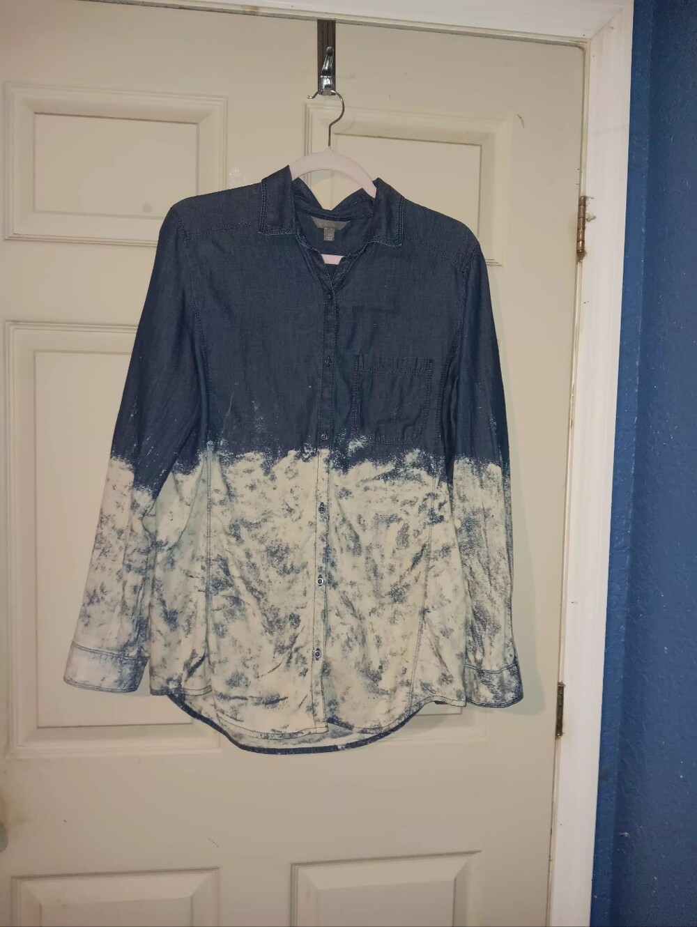 Rubbish Womens Denim Shirt Long Sleeve Button Down Acid Wash Bottom Sz M